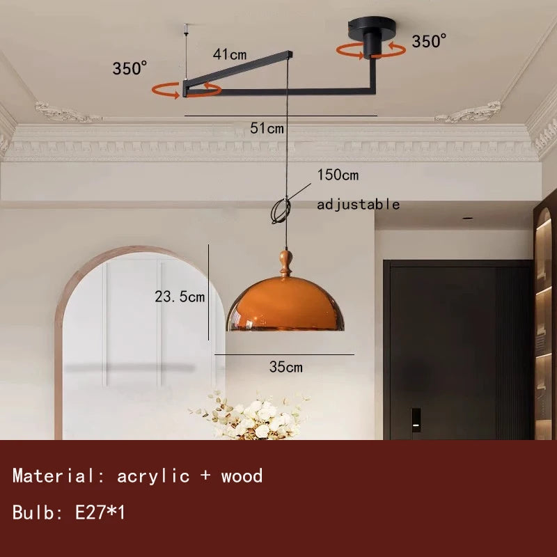 Brown Acrylic Lampshade Pendant Light With Dark Wood E27 Bulb For Dining Room Bar Bedroom Wire Adjustable